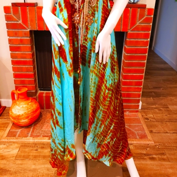 LAST ONE***MANISH VAID Ocean Dreams Turq. TIE DYE Hi-Lo Silk Emb. Dress-NWT-OS - Picture 2 of 9